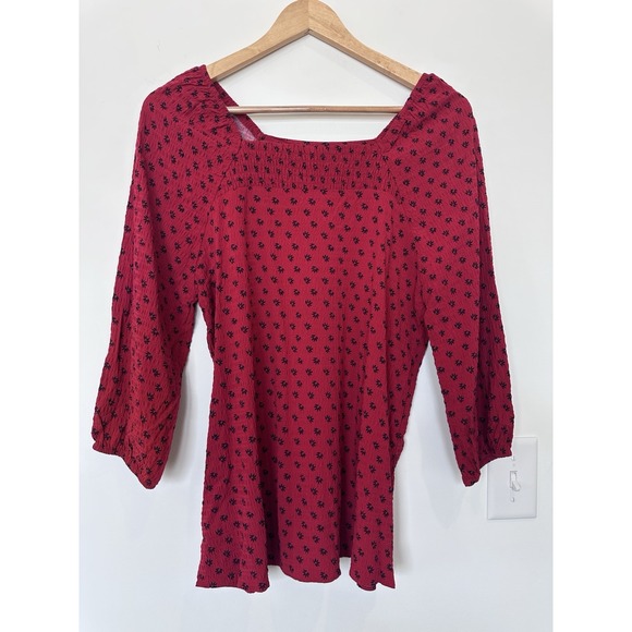Christopher & Banks Womens Small Red Botanical Print Square Neck 3/4 Sleeve Top - Picture 1 of 5